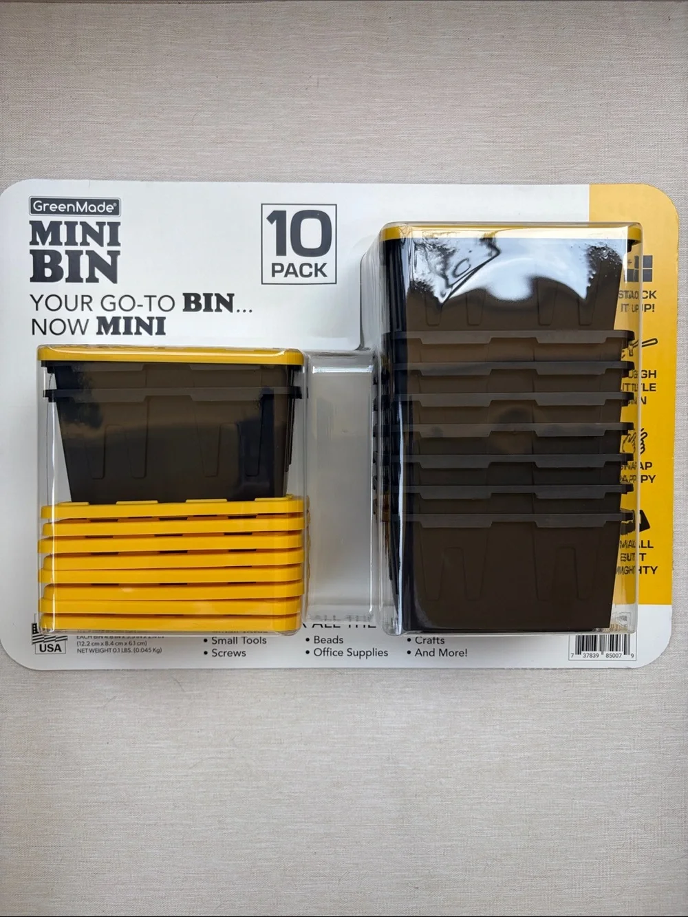 Green Made Mini Storage Bins 10-Pack — Yellow Lids with Black Bin Containers